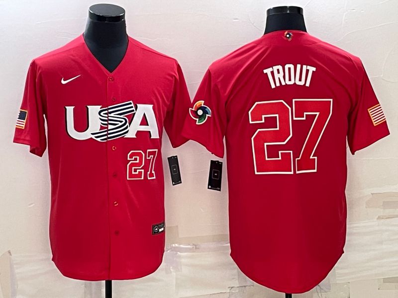 Men 2023 World Cub USA #27 Trout Red Nike MLB Jersey->more jerseys->MLB Jersey